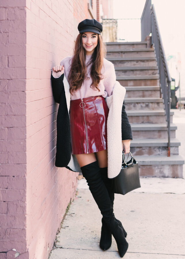 Red Patent Skirt + Pink Knit - Melissa Frusco