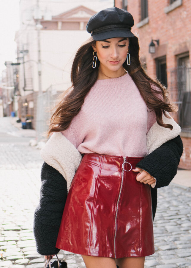 Red Patent Skirt + Pink Knit - Melissa Frusco